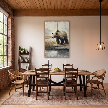 Brown Bear Mountain Meadow Western wall art in a rustic western-style room – brown bear walking across a weathered log