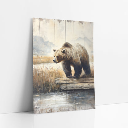 Brown Bear Mountain Meadow Western art print leaning against a white wall – brown bear walking across a weathered log