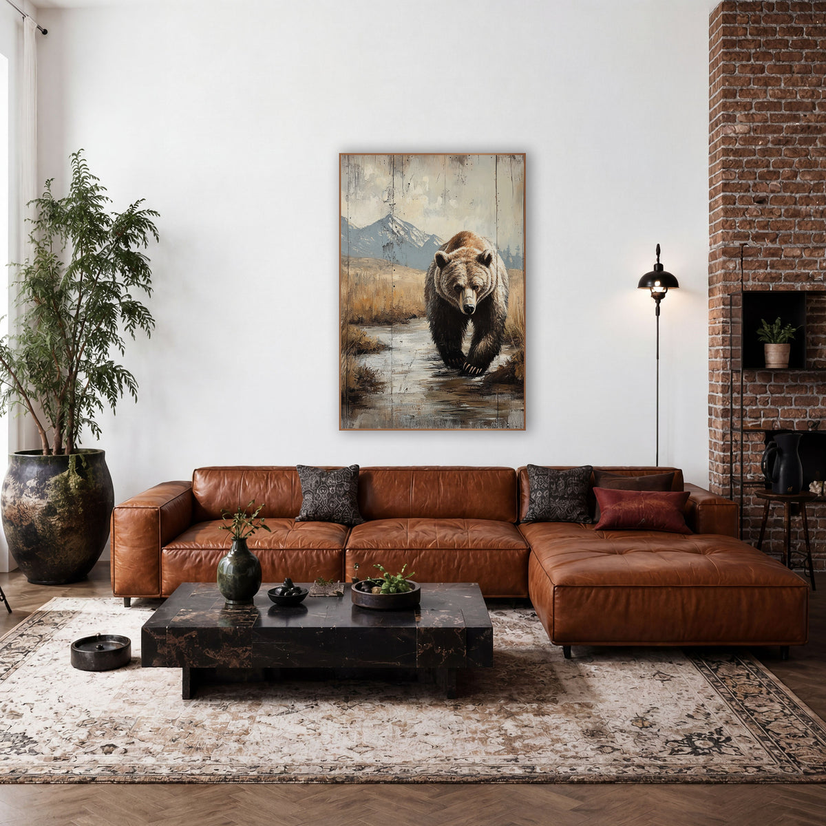 Marshland Grizzly Facing Forward Rustic wall art in a rustic western-style room – grizzly bear walking toward
