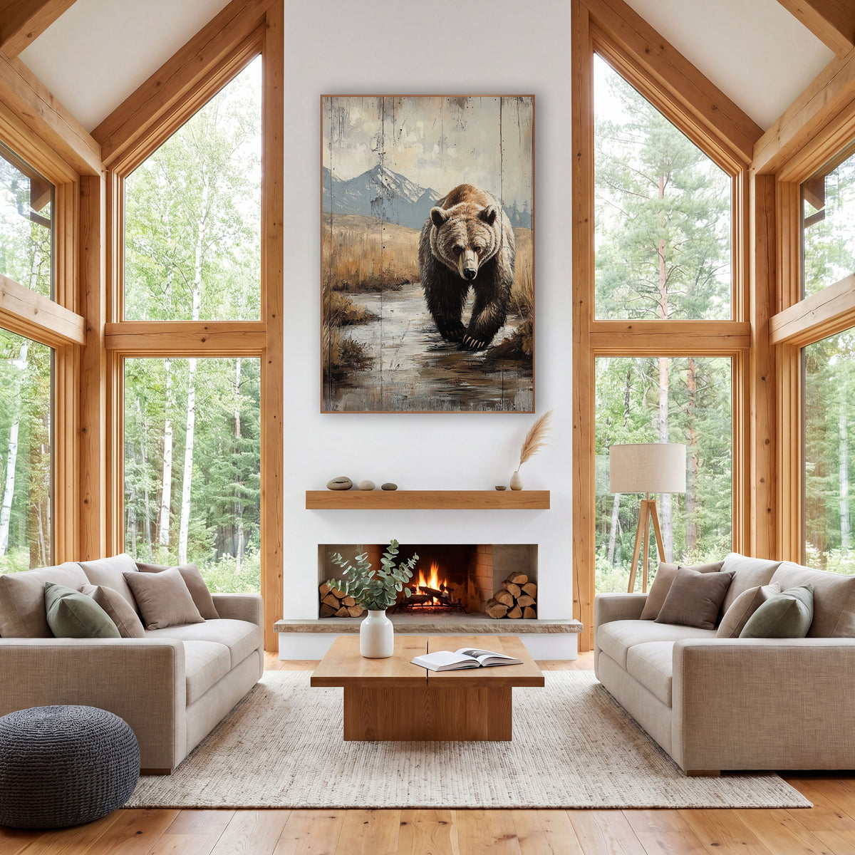 Marshland Grizzly Facing Forward Rustic wall art in a rustic western-style room – grizzly bear walking toward