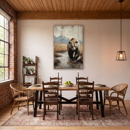 Marshland Grizzly Facing Forward Rustic wall art in a rustic western-style room – grizzly bear walking toward