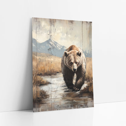 Marshland Grizzly Facing Forward Rustic art print leaning against a white wall – grizzly bear walking toward the viewer
