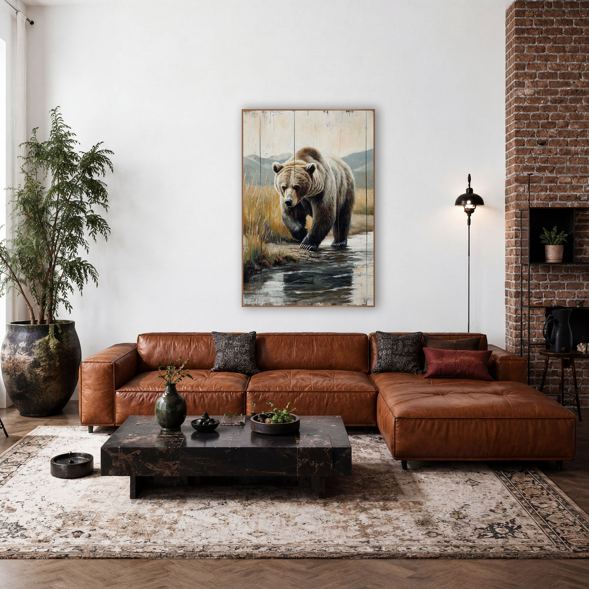 Golden Reed Grizzly Streamside Painterly wall art in a rustic western-style room – grizzly bear walking through