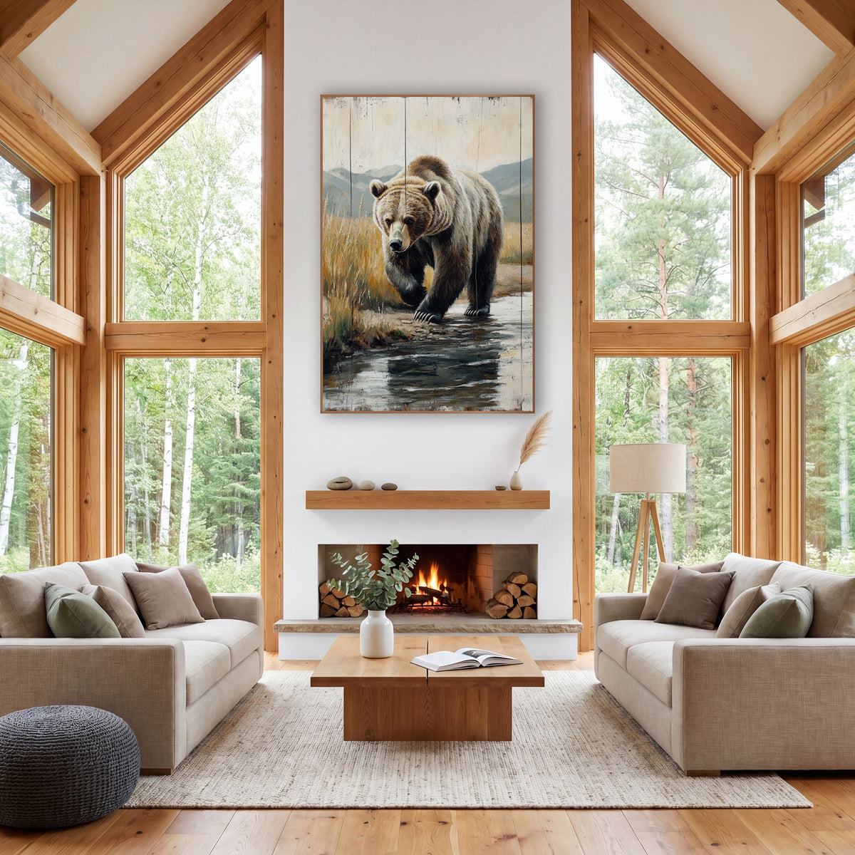 Golden Reed Grizzly Streamside Painterly wall art in a rustic western-style room – grizzly bear walking through