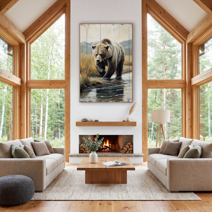 Golden Reed Grizzly Streamside Painterly wall art in a rustic western-style room – grizzly bear walking through