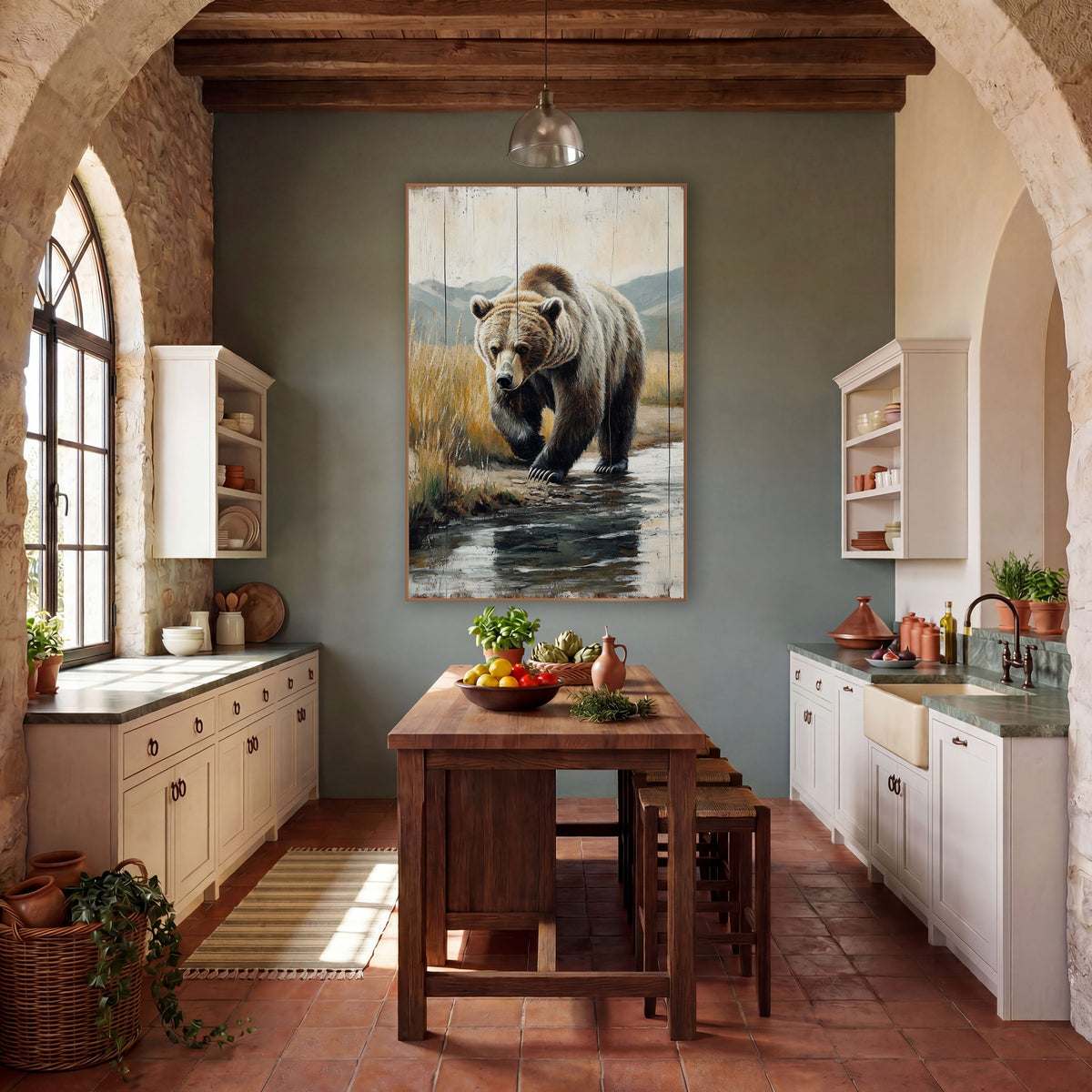 Golden Reed Grizzly Streamside Painterly wall art in a rustic western-style room – grizzly bear walking through