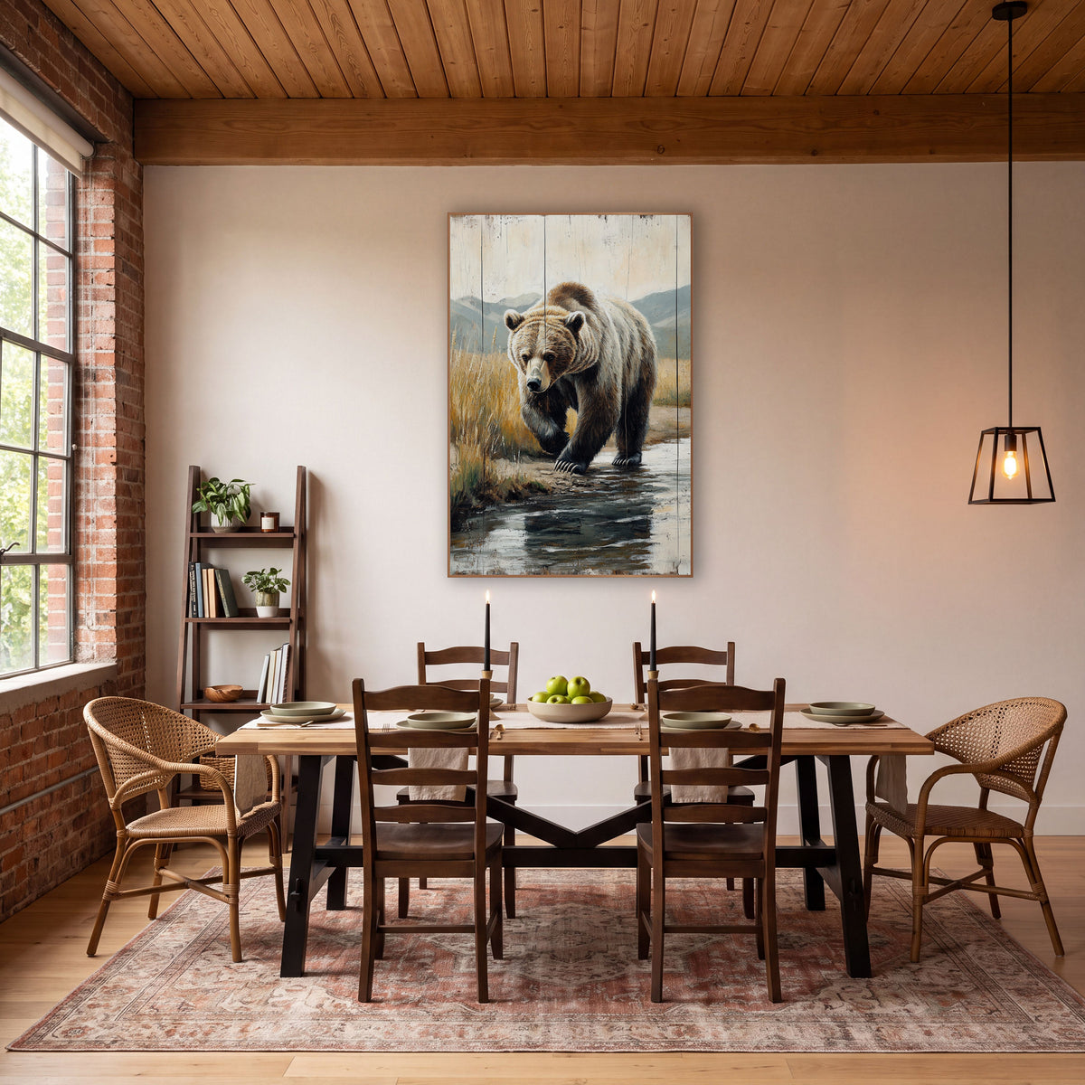 Golden Reed Grizzly Streamside Painterly wall art in a rustic western-style room – grizzly bear walking through