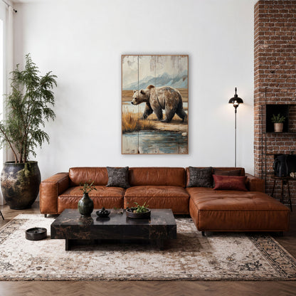 Grizzly Bear River Walk Western wall art in a rustic western-style room – grizzly bear walking beside a river