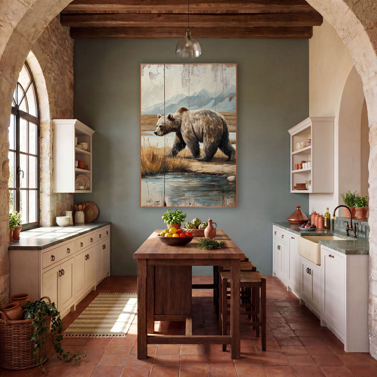 Grizzly Bear River Walk Western wall art in a rustic western-style room – grizzly bear walking beside a river