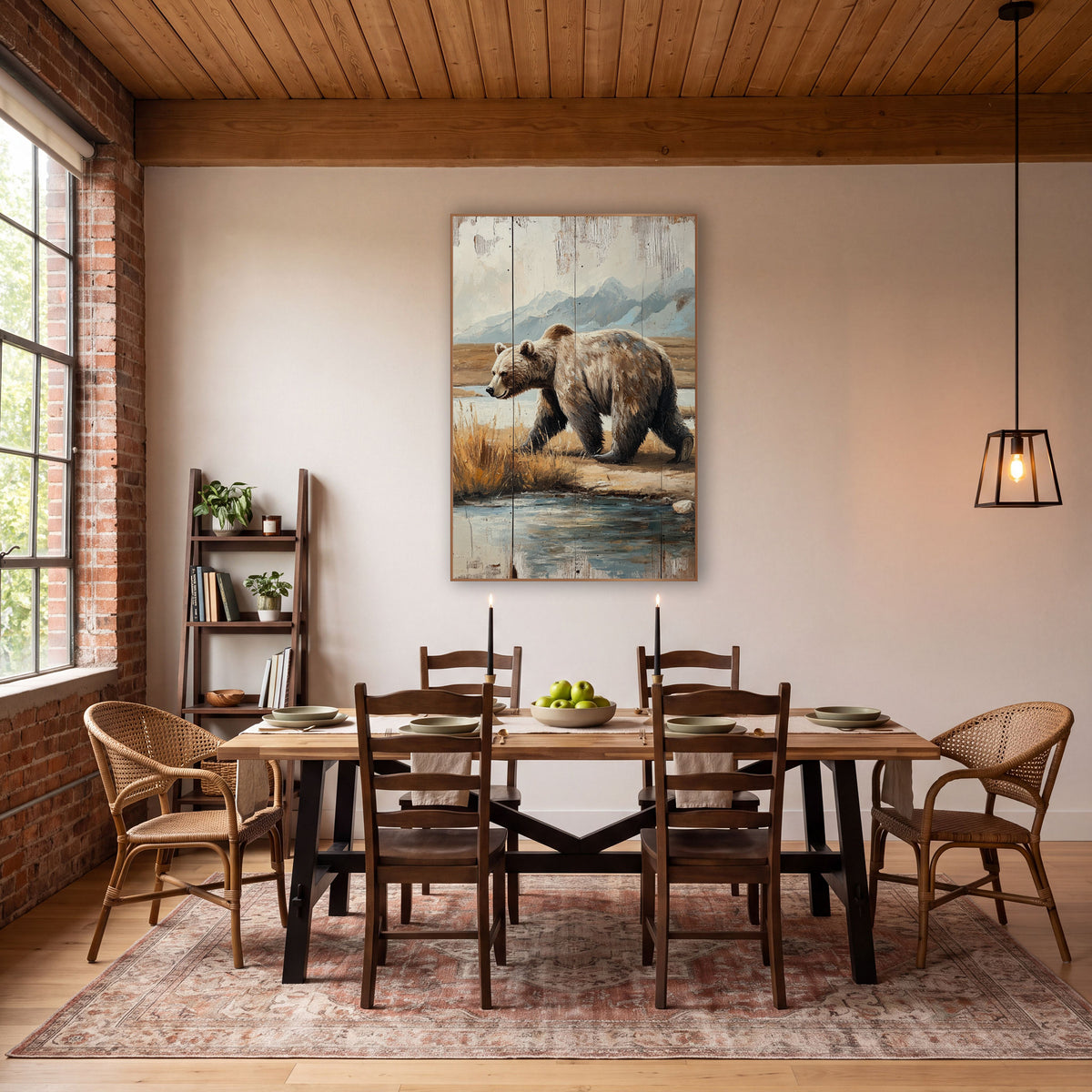 Grizzly Bear River Walk Western wall art in a rustic western-style room – grizzly bear walking beside a river