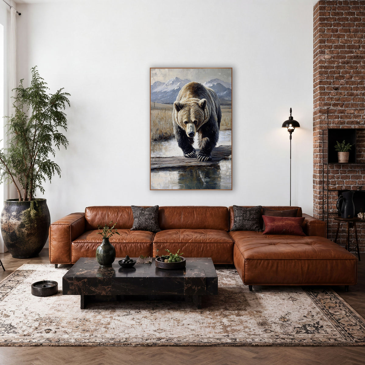 Mirror Pool Grizzly Reflective Realism wall art in a rustic western-style room – grizzly bear walking toward