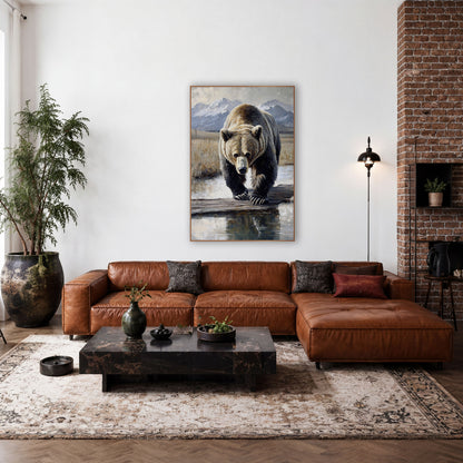 Mirror Pool Grizzly Reflective Realism wall art in a rustic western-style room – grizzly bear walking toward