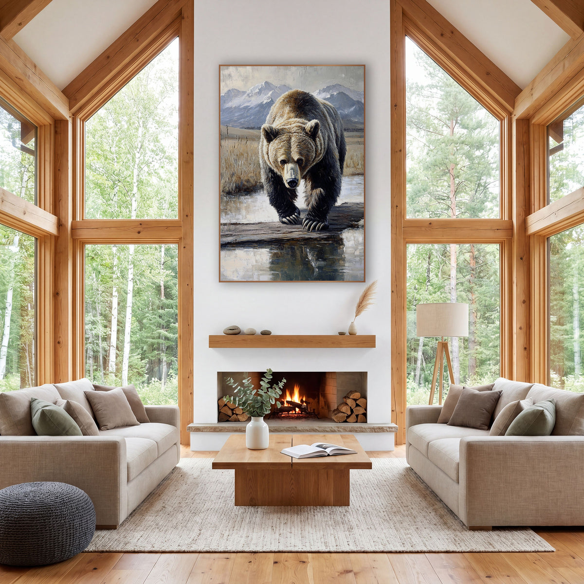 Mirror Pool Grizzly Reflective Realism wall art in a rustic western-style room – grizzly bear walking toward