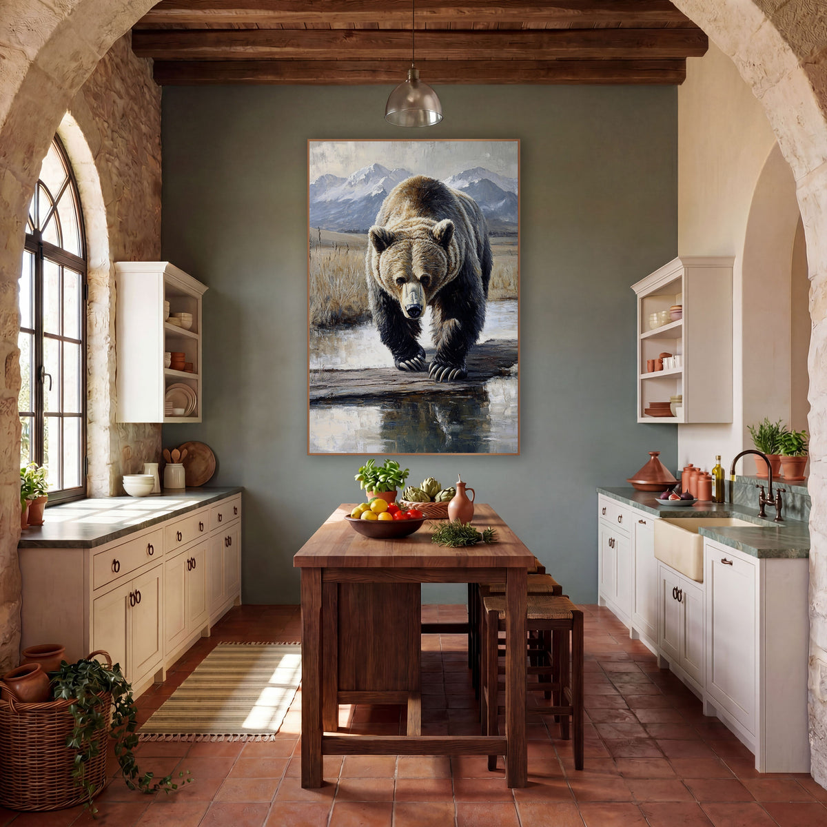 Mirror Pool Grizzly Reflective Realism wall art in a rustic western-style room – grizzly bear walking toward