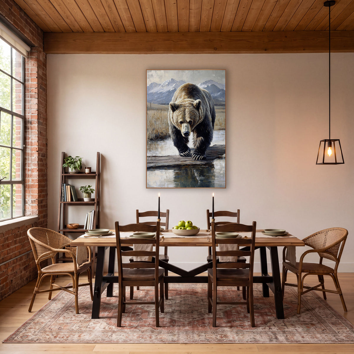 Mirror Pool Grizzly Reflective Realism wall art in a rustic western-style room – grizzly bear walking toward