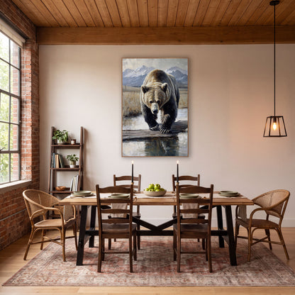 Mirror Pool Grizzly Reflective Realism wall art in a rustic western-style room – grizzly bear walking toward