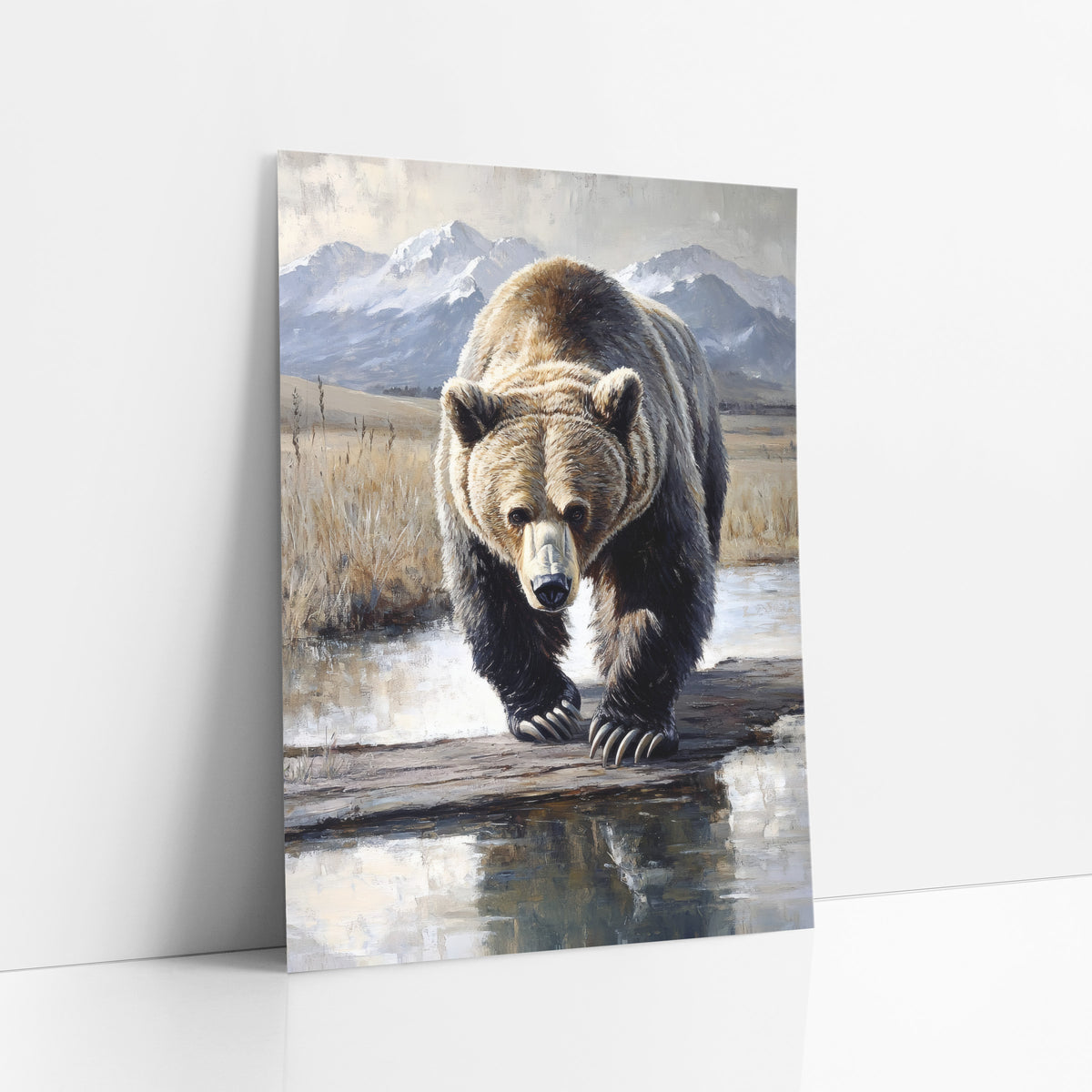 Mirror Pool Grizzly Reflective Realism art print leaning against a white wall – grizzly bear walking toward the viewer