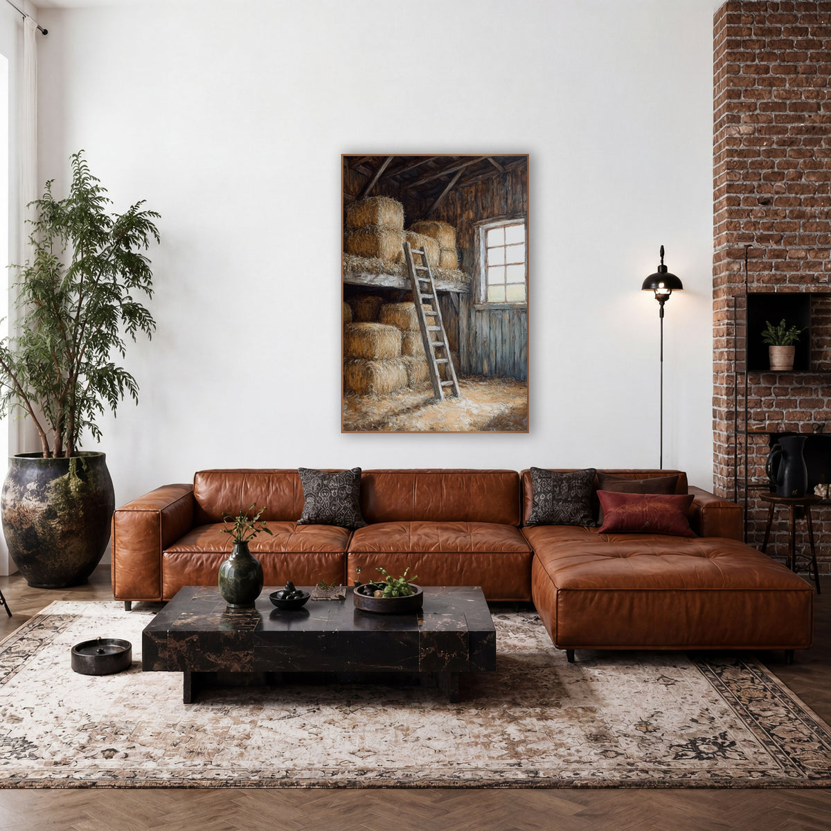 Sunlit Hay Loft Barn Interior Rustic wall art in a rustic western-style room – barn hay loft with stacked straw bales