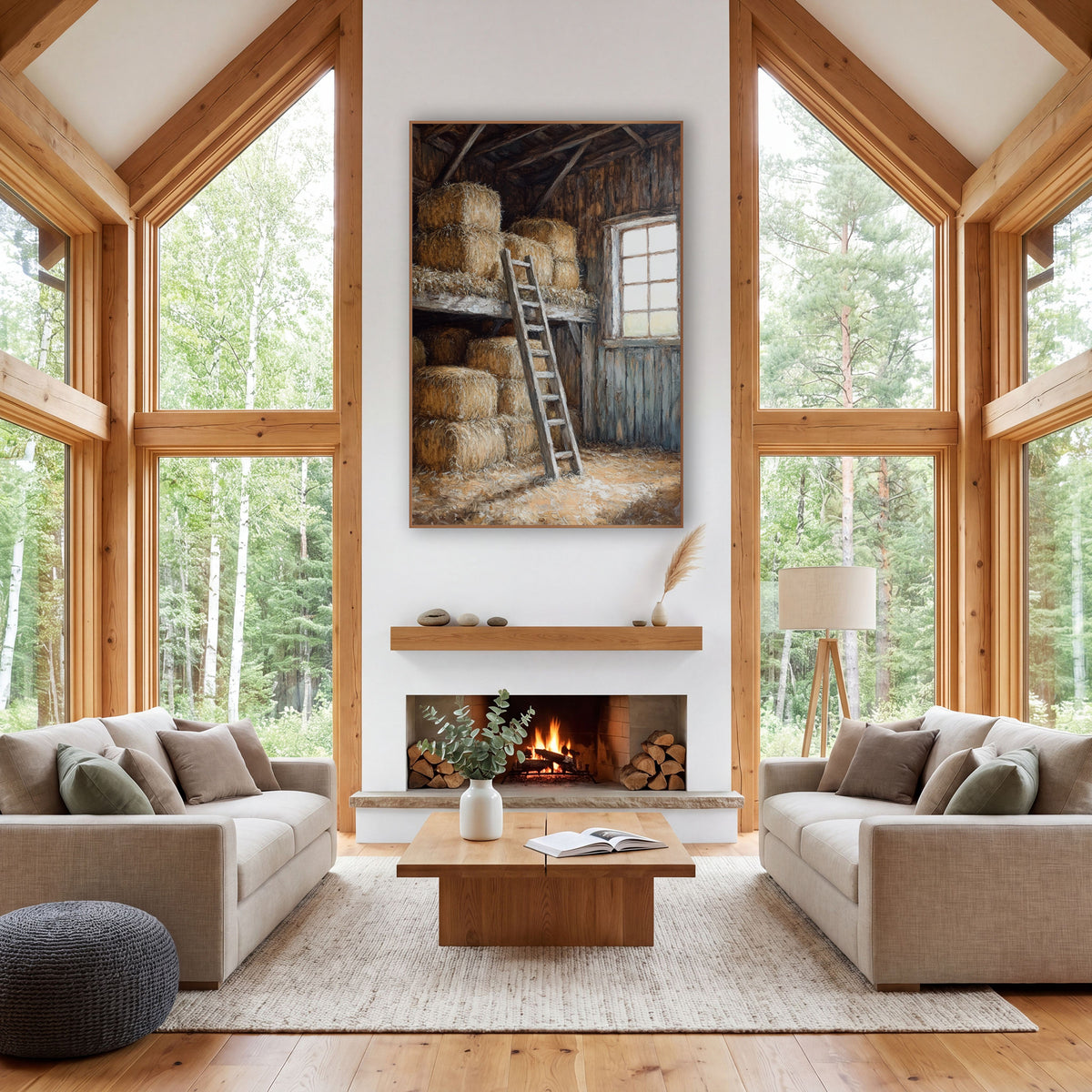 Sunlit Hay Loft Barn Interior Rustic wall art in a rustic western-style room – barn hay loft with stacked straw bales
