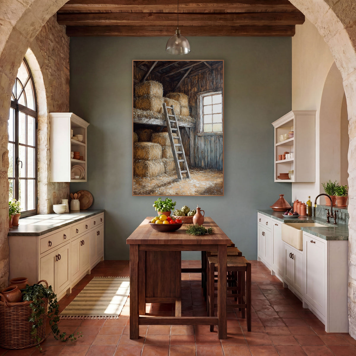 Sunlit Hay Loft Barn Interior Rustic wall art in a rustic western-style room – barn hay loft with stacked straw bales