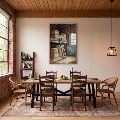 Sunlit Hay Loft Barn Interior Rustic wall art in a rustic western-style room – barn hay loft with stacked straw bales