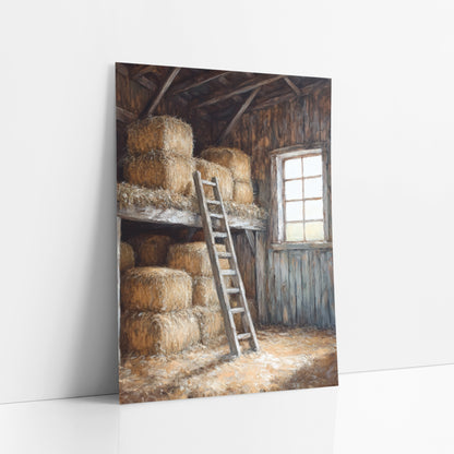 Sunlit Hay Loft Barn Interior Rustic art print leaning against a white wall – barn hay loft with stacked straw bales