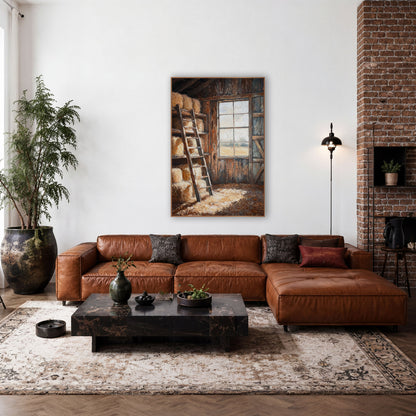 Sunlit Barn Hay Loft Rustic wall art in a rustic western-style room – barn hay loft with stacked bales, a leaning