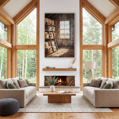 Sunlit Barn Hay Loft Rustic wall art in a rustic western-style room – barn hay loft with stacked bales, a leaning