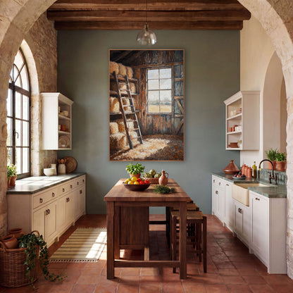 Sunlit Barn Hay Loft Rustic wall art in a rustic western-style room – barn hay loft with stacked bales, a leaning