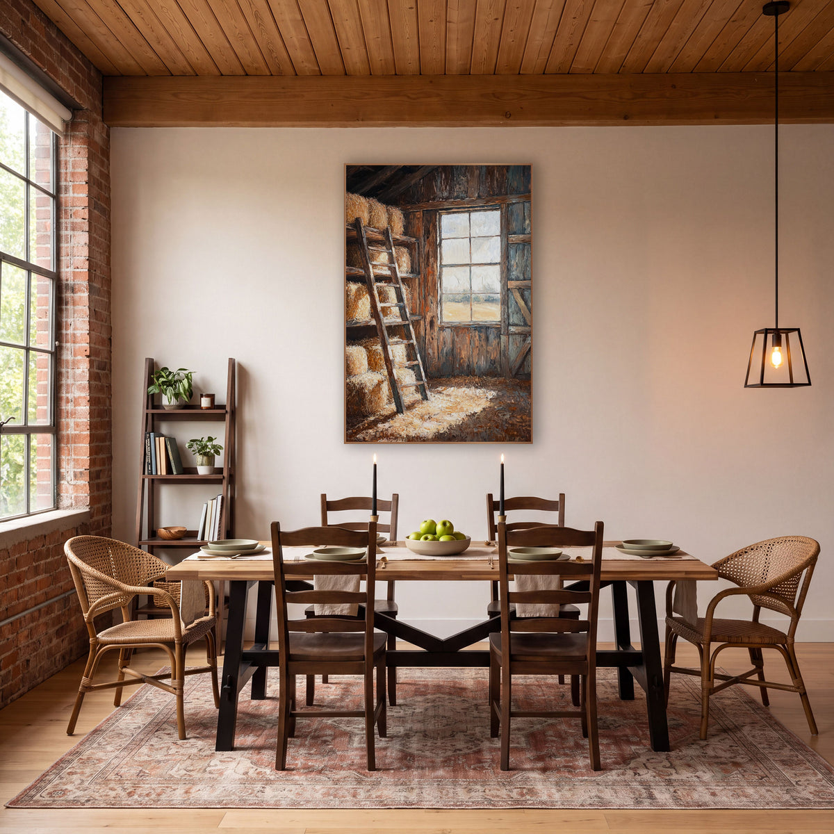Sunlit Barn Hay Loft Rustic wall art in a rustic western-style room – barn hay loft with stacked bales, a leaning