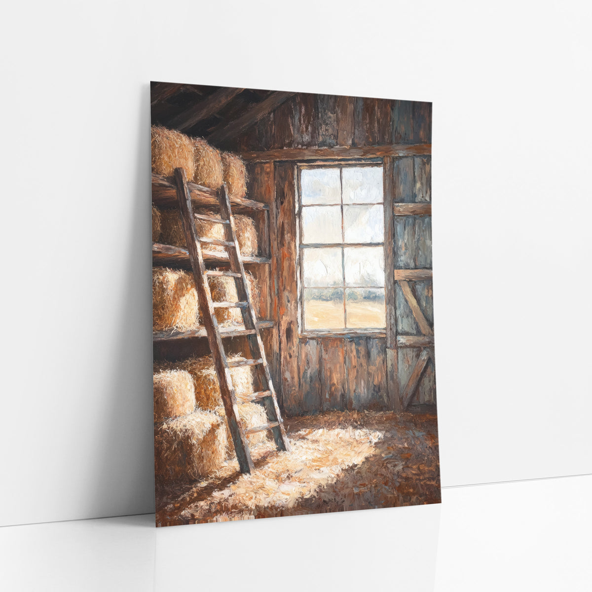 Sunlit Barn Hay Loft Rustic art print leaning against a white wall – barn hay loft with stacked bales, a leaning wooden