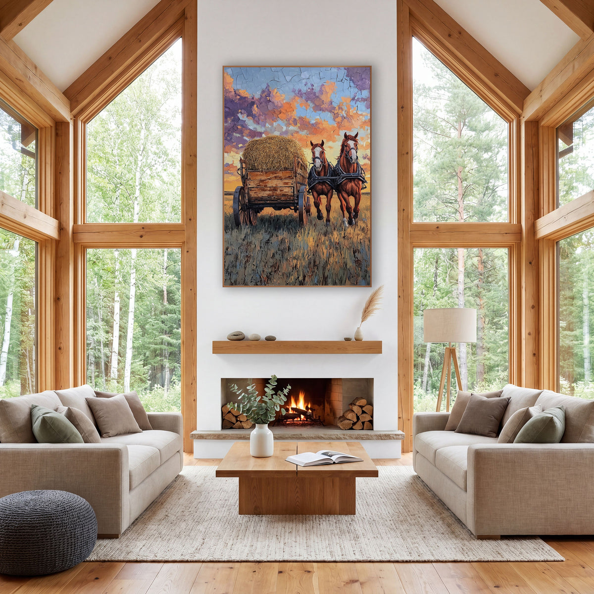 Draft Horses Hay Wagon Western wall art in a rustic western-style room – two chestnut horses pull a hay-loaded wooden
