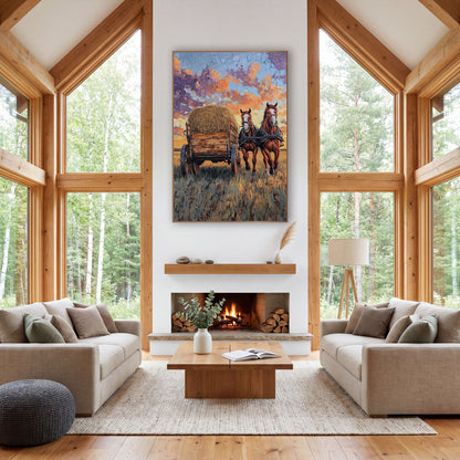 Draft Horses Hay Wagon Western wall art in a rustic western-style room – two chestnut horses pull a hay-loaded wooden
