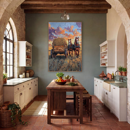 Draft Horses Hay Wagon Western wall art in a rustic western-style room – two chestnut horses pull a hay-loaded wooden