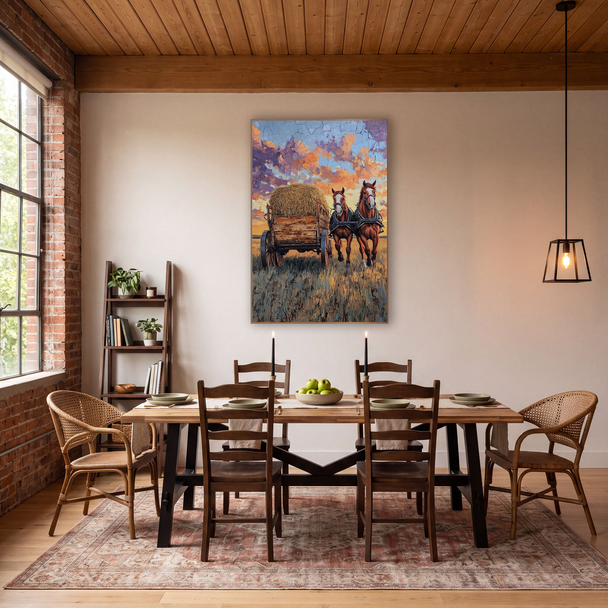 Draft Horses Hay Wagon Western wall art in a rustic western-style room – two chestnut horses pull a hay-loaded wooden