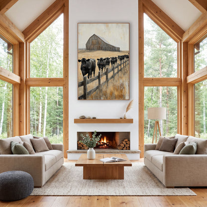 Black Cattle Barn Western Farmhouse wall art in a rustic western-style room – herd of black cattle walking along
