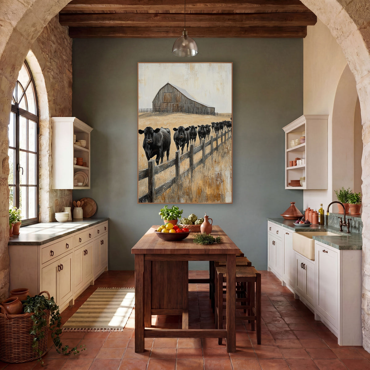 Black Cattle Barn Western Farmhouse wall art in a rustic western-style room – herd of black cattle walking along