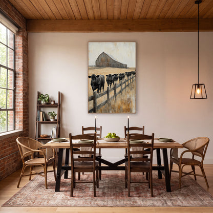 Black Cattle Barn Western Farmhouse wall art in a rustic western-style room – herd of black cattle walking along