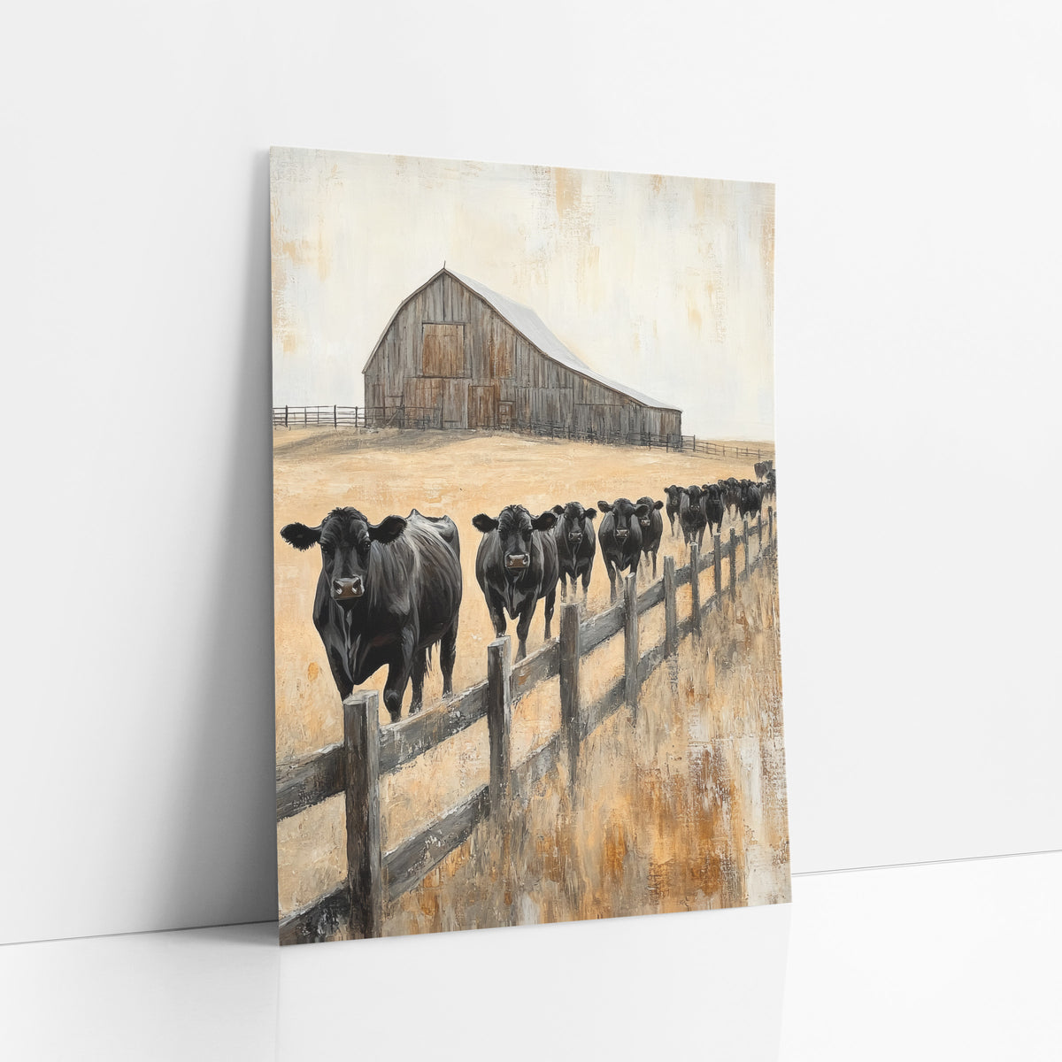 Black Cattle Barn Western Farmhouse art print leaning against a white wall – herd of black cattle walking along a wooden