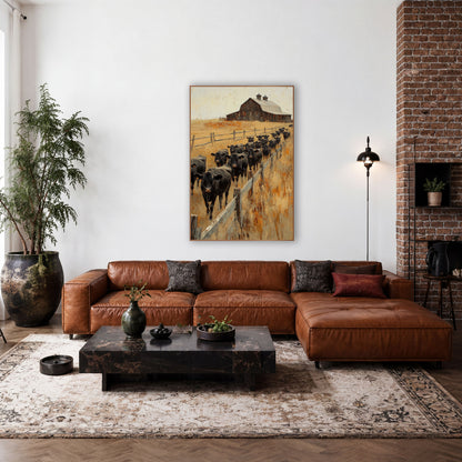 Amber Pasture Herd Cupola Barn Painterly wall art in a rustic western-style room – herd of black cattle walking along
