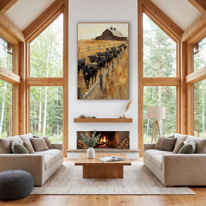 Amber Pasture Herd Cupola Barn Painterly wall art in a rustic western-style room – herd of black cattle walking along