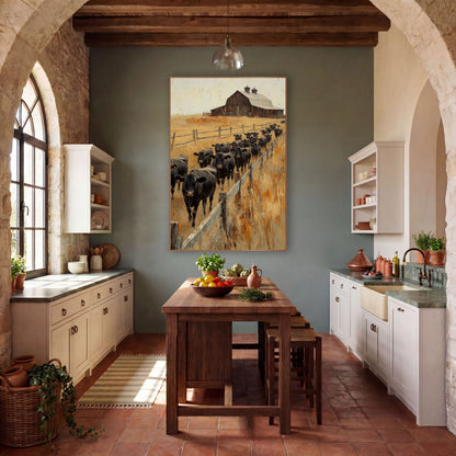 Amber Pasture Herd Cupola Barn Painterly wall art in a rustic western-style room – herd of black cattle walking along