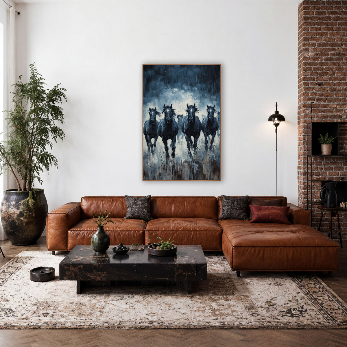 Charging Dark Horses Moody Western wall art in a rustic western-style room – five dark horses with white face markings