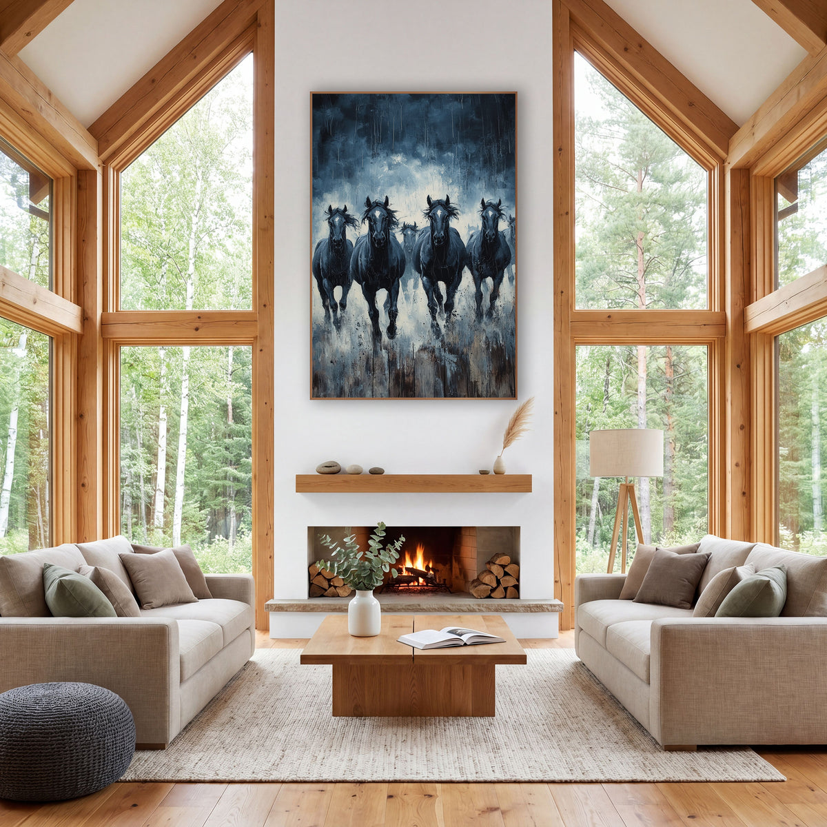 Charging Dark Horses Moody Western wall art in a rustic western-style room – five dark horses with white face markings