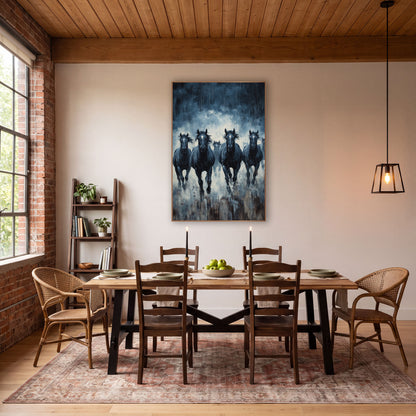 Charging Dark Horses Moody Western wall art in a rustic western-style room – five dark horses with white face markings