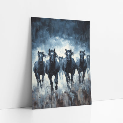 Charging Dark Horses Moody Western art print leaning against a white wall – five dark horses with white face markings gallop