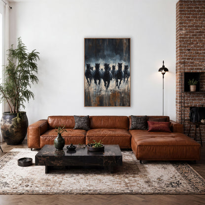 Dark Running Horses Western wall art in a rustic western-style room – herd of black horses galloping toward the viewer