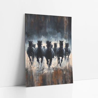 Dark Running Horses Western art print leaning against a white wall – herd of black horses galloping toward the viewer through