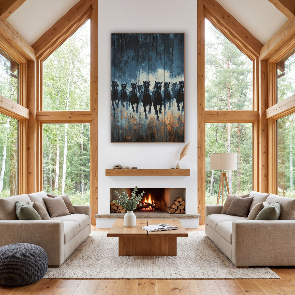 Galloping Dark Horses Rustic Western wall art in a rustic western-style room – eight dark horses gallop forward
