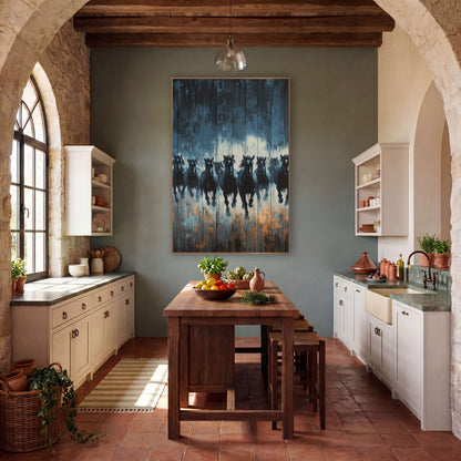 Galloping Dark Horses Rustic Western wall art in a rustic western-style room – eight dark horses gallop forward
